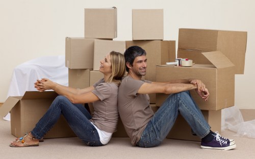 Packed boxes and furniture ready for a local house move in Addiscombe