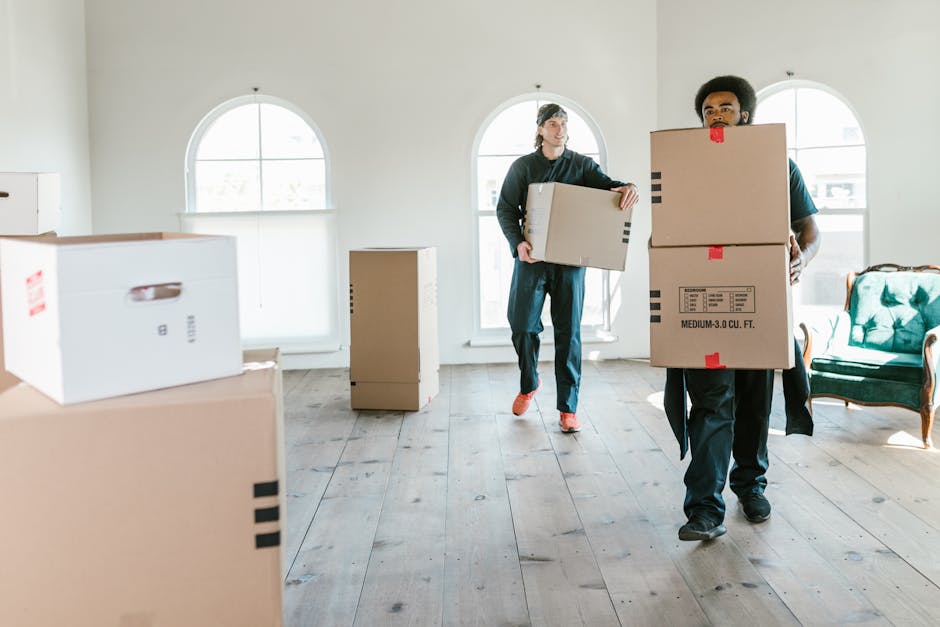 Two movers from Man with Van Addiscombe are inside a well-lit, spacious room with high arched windows, engaged in the packing and loading process of a house relocation. The mover on the right is carrying a large cardboard box labeled 'medium-3.0 cu. ft.' with red tape, while the other mover in the background holds a slightly smaller box and is walking across the wooden floor. Several other boxes of various sizes, some sealed with packing tape and others open or partially packed, are arranged around the room. The furniture includes a vintage-style green upholstered armchair placed against a white wall next to one of the windows. The room has a clean, minimalistic appearance with natural daylight streaming through the windows, highlighting the wooden flooring and the moving activity. This scene captures essential aspects of furniture transport, packing, and loading tasks involved in professional house removals, reflecting the comprehensive relocation services offered by Man with Van Addiscombe.